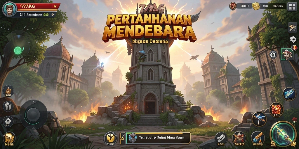 Gameplay mendebarkan menara pertahanan di 77AG.