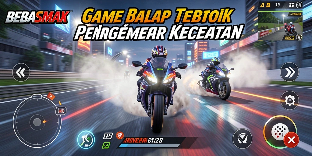Gameplay seru BEBASMAX dengan motor balap di lintasan.