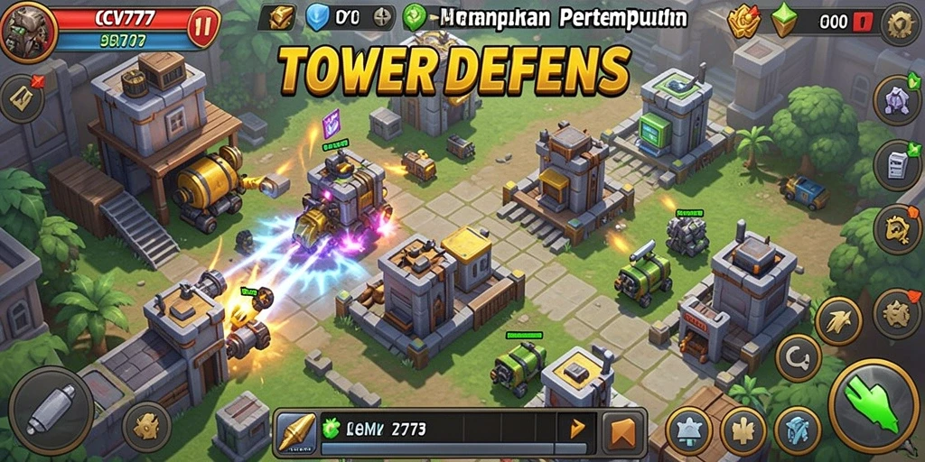 Tangkapan layar gameplay CV777 menampilkan pertempuran strategis di Tower Defense.