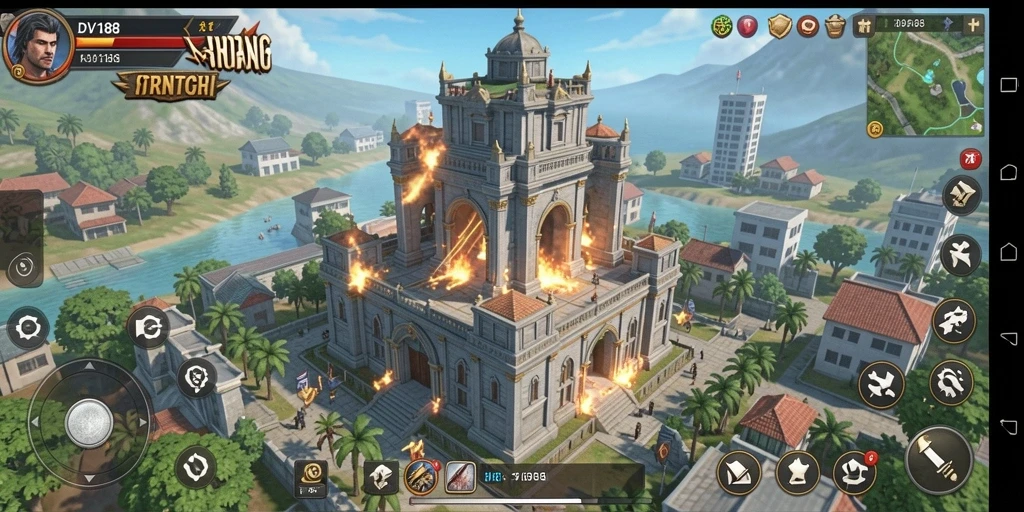 Screenshot gameplay menunjukkan menara pertahanan melawan gelombang musuh.