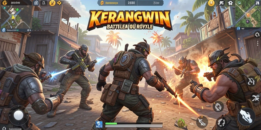 Tampilan gameplay mendebarkan dalam KERANGWIN di arena Battle Royale.