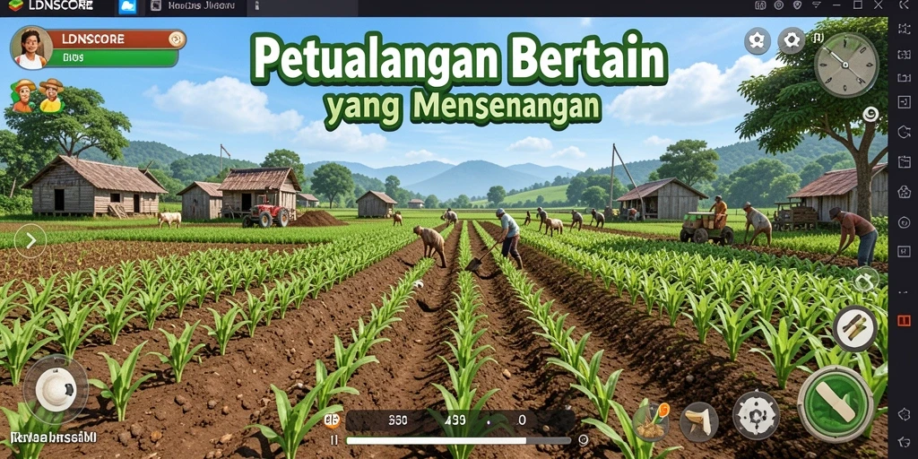 Tampilan gameplay <strong>LDNSCORE</strong> dengan ladang yang subur dan aktivitas bertani.