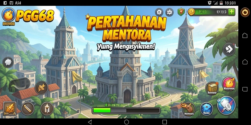 Tampilan gameplay PGG68 menara bertahan dari serangan musuh.