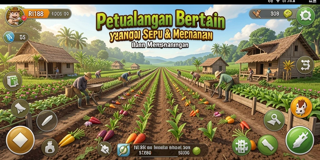 Tampilan gameplay RI188 menampilkan petak ladang yang luas dan beraneka tanaman.