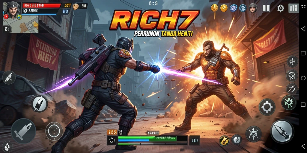 Screenshot utama RICH7 menampilkan aksi pertarungan epik dalam game.