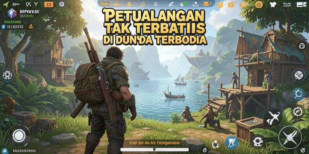 Screenshot gameplay menunjukkan karakter menjelajahi dunia terbuka yang luas.