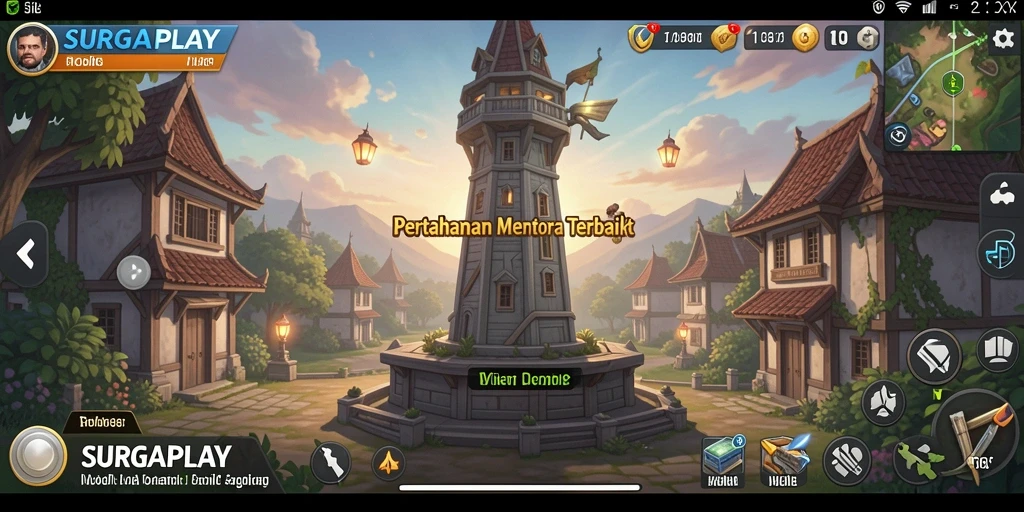 Tampilan gameplay SURGAPLAY dengan strategi pertahanan menara yang menegangkan.
